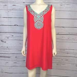 Sage Pink V-Neck Dress with Turquoise Lace Embellishment Size Large